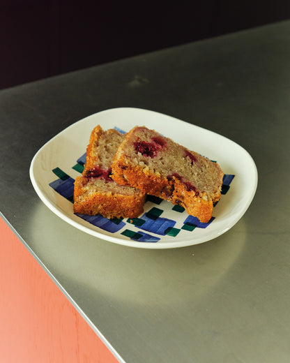 Two slices of raspberry lemon loaf